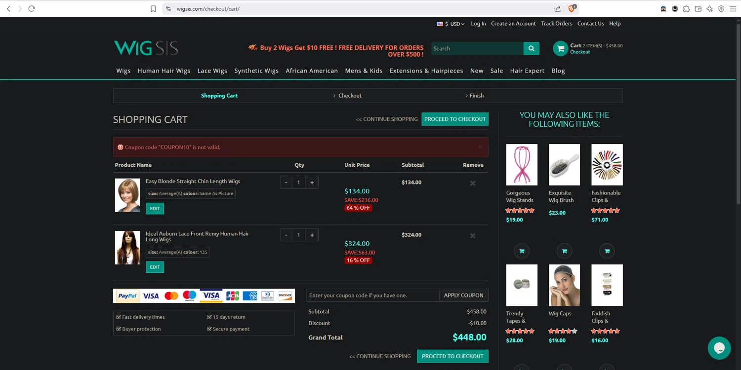 Wigsis.com coupon code screenshot showing code COUPON10 applied at Wigsis.com checkout page. Uploaded by SimplyCodes community member dayselis15 on Jun 9, 2025