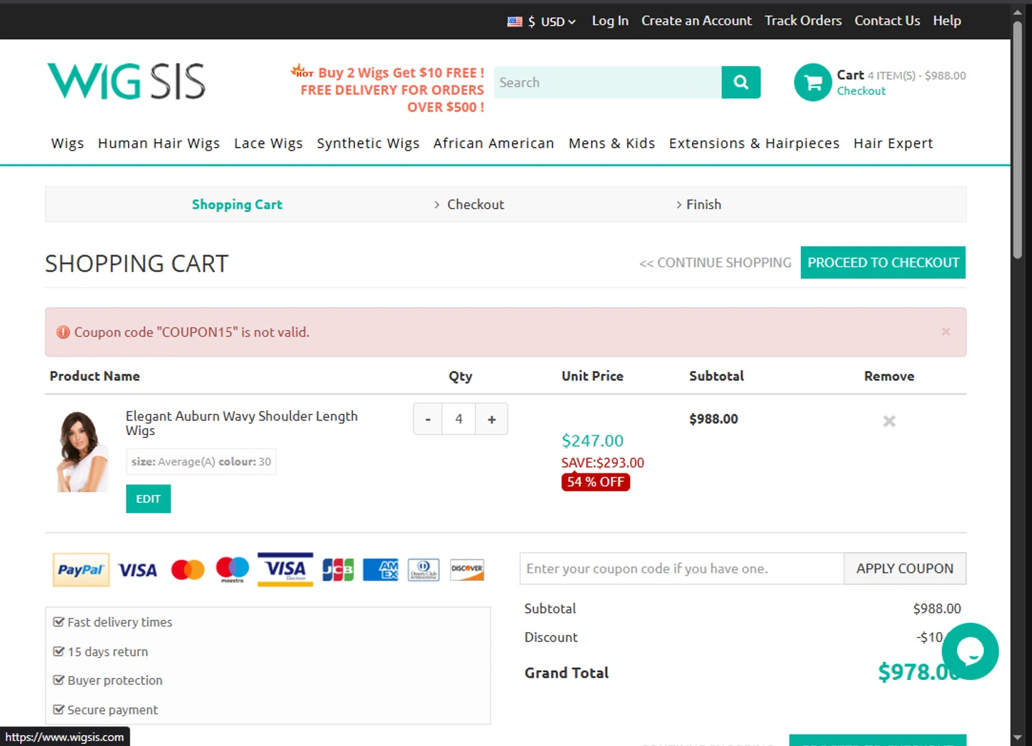 Wigsis.com coupon code screenshot showing code COUPON15 applied at Wigsis.com checkout page. Uploaded by SimplyCodes community member MoneyScout2554 on Jun 15, 2025