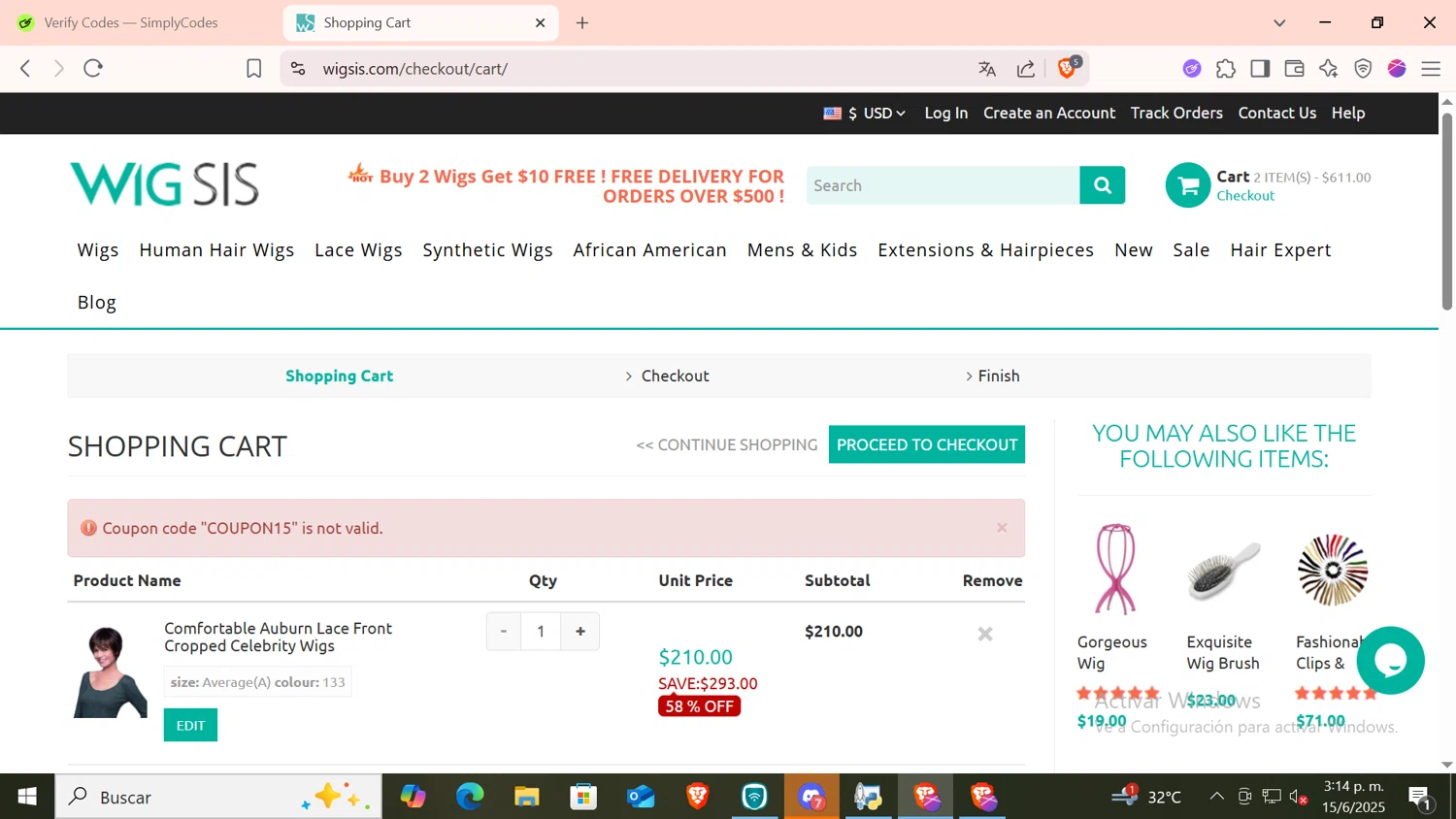 Wigsis.com coupon code screenshot showing code COUPON15 applied at Wigsis.com checkout page. Uploaded by SimplyCodes community member CODMOBILE1 on Jun 15, 2025