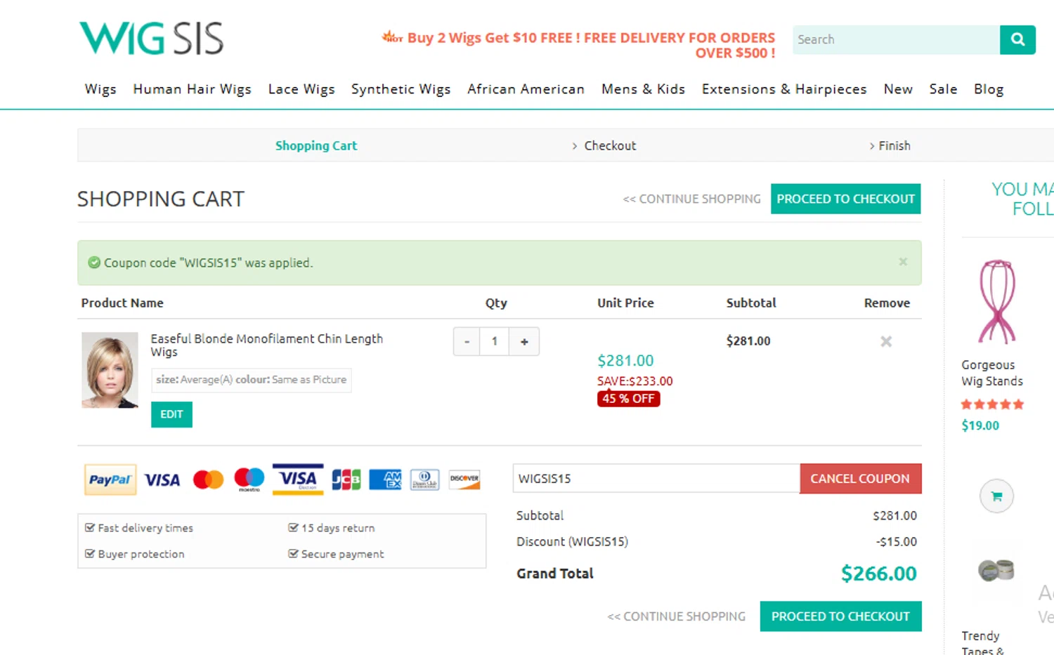Wigsis.com coupon code screenshot showing code WIGSIS15 applied at Wigsis.com checkout page. Uploaded by SimplyCodes community member CouponFox1822 on Jun 8, 2025