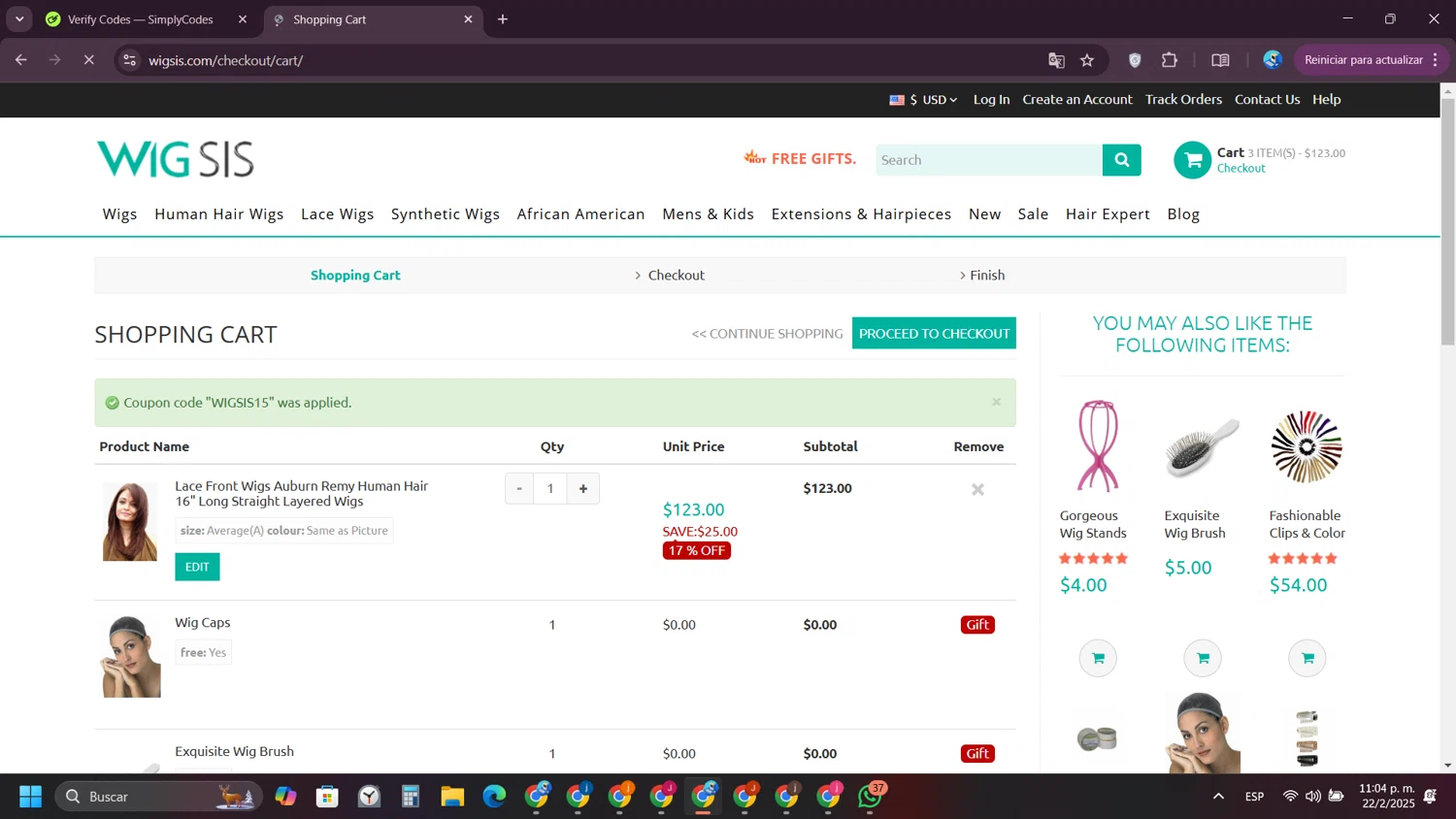 Wigsis.com coupon code screenshot showing code WIGSIS15 applied at Wigsis.com checkout page. Uploaded by SimplyCodes community member VictoriousPioneer4638 on Feb 23, 2025