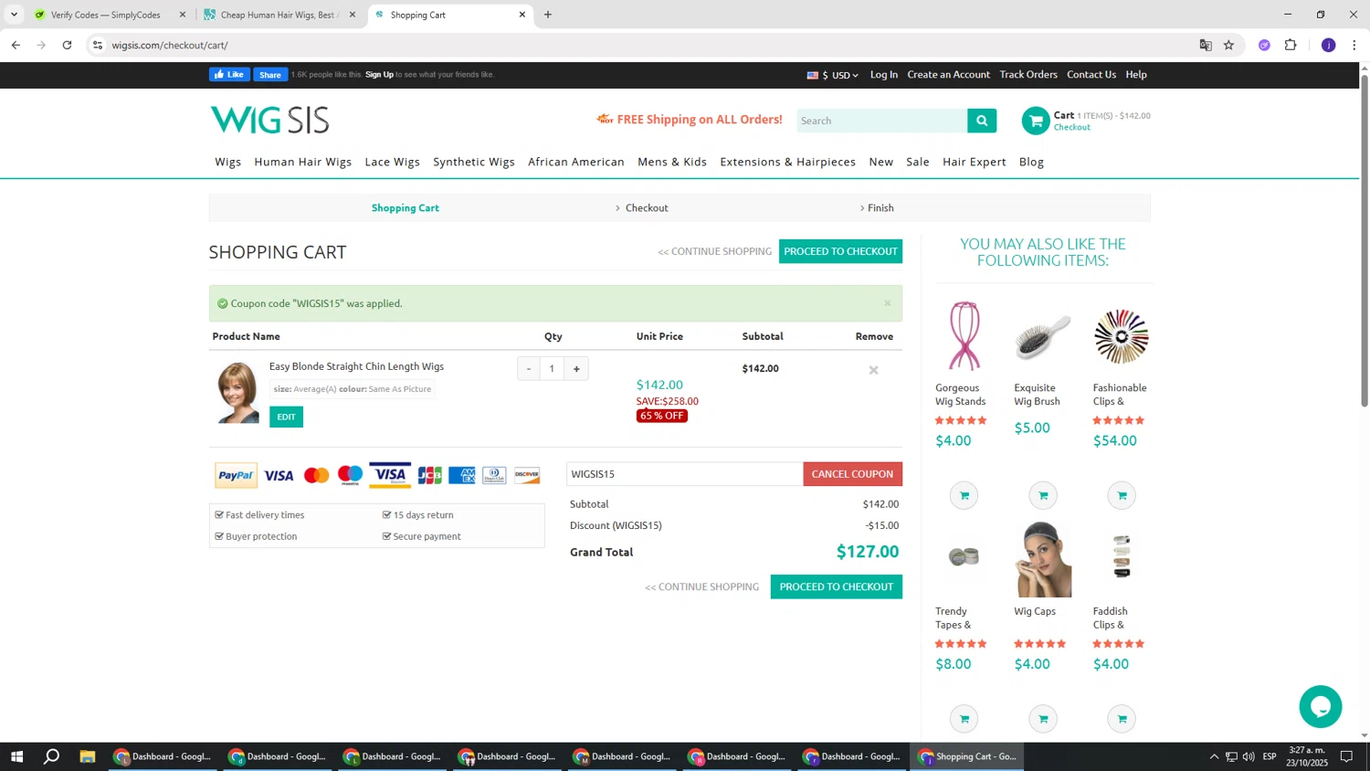 Wigsis.com coupon code screenshot showing code WIGSIS15 applied at Wigsis.com checkout page. Uploaded by SimplyCodes community member simplycodesssss on Oct 23, 2025