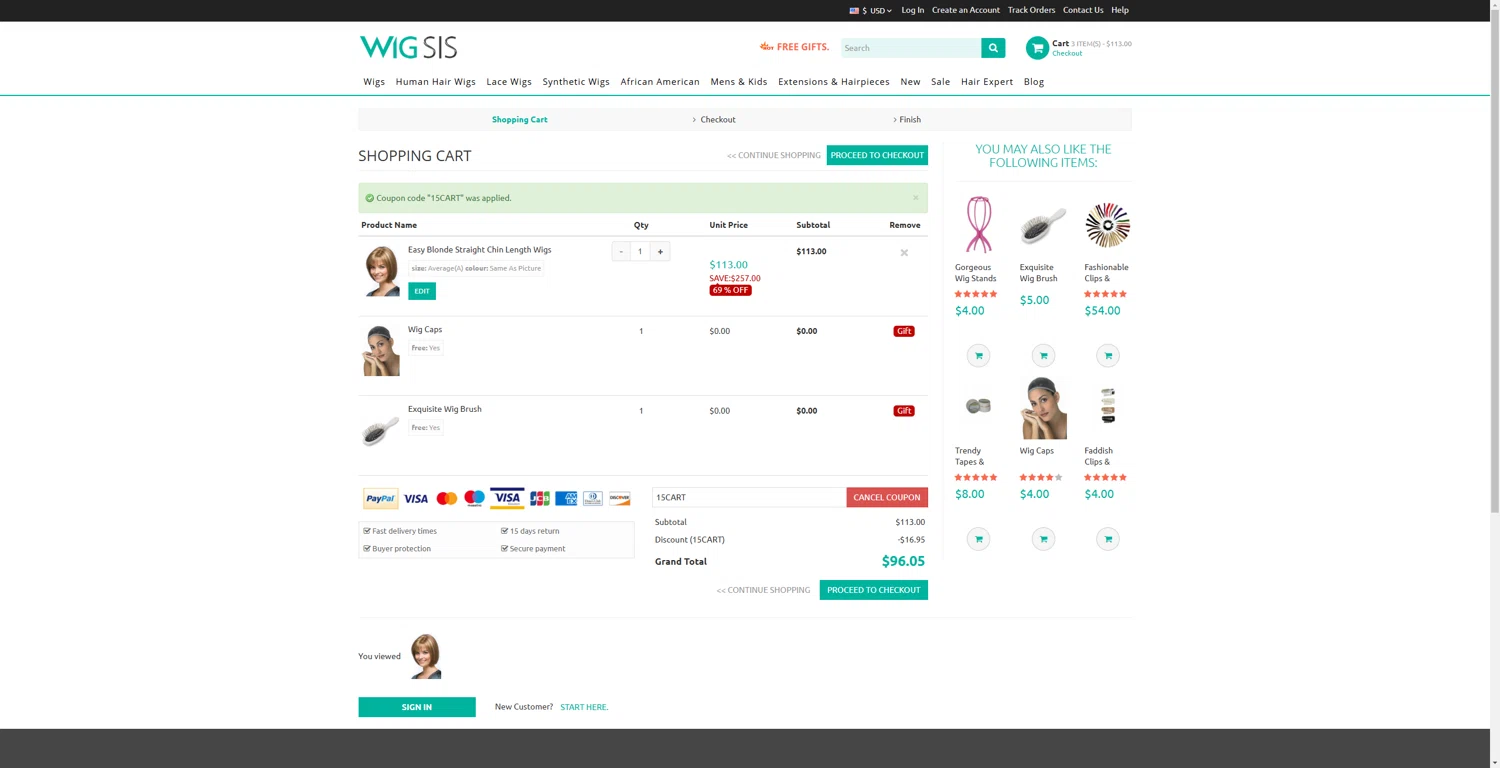 Wigsis.com coupon code screenshot showing code 15CART applied at Wigsis.com checkout page. Uploaded by SimplyCodes community member Tenmyoldy on Feb 23, 2025