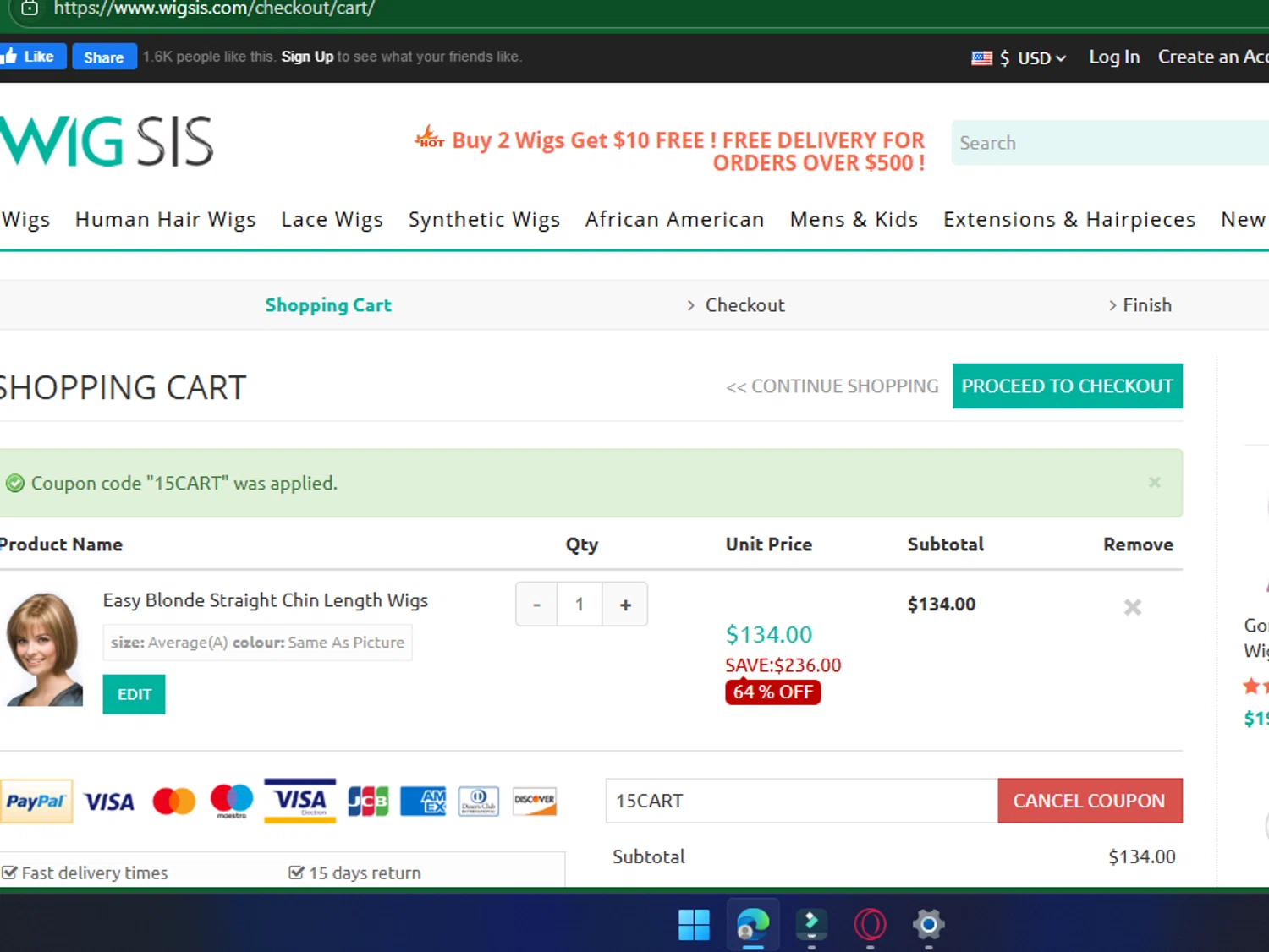 Wigsis.com coupon code screenshot showing code 15CART applied at Wigsis.com checkout page. Uploaded by SimplyCodes community member chepipi on Jun 15, 2025