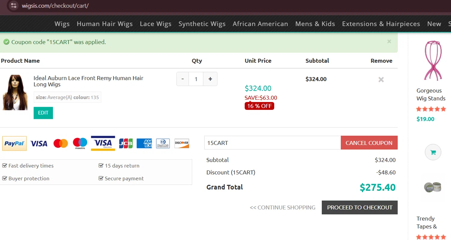 Wigsis.com coupon code screenshot showing code 15CART applied at Wigsis.com checkout page. Uploaded by SimplyCodes community member lukeCallahannn on Jun 8, 2025
