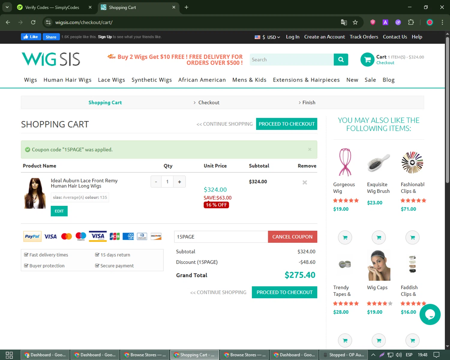 Wigsis.com coupon code screenshot showing code 15PAGE applied at Wigsis.com checkout page. Uploaded by SimplyCodes community member Michael_Brown on Jun 8, 2025