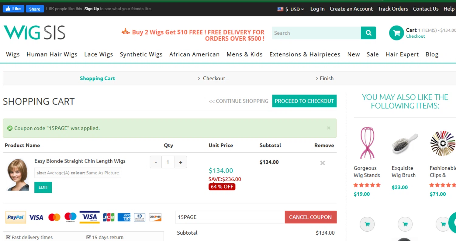 Wigsis.com coupon code screenshot showing code 15PAGE applied at Wigsis.com checkout page. Uploaded by SimplyCodes community member chepipro on Jun 15, 2025