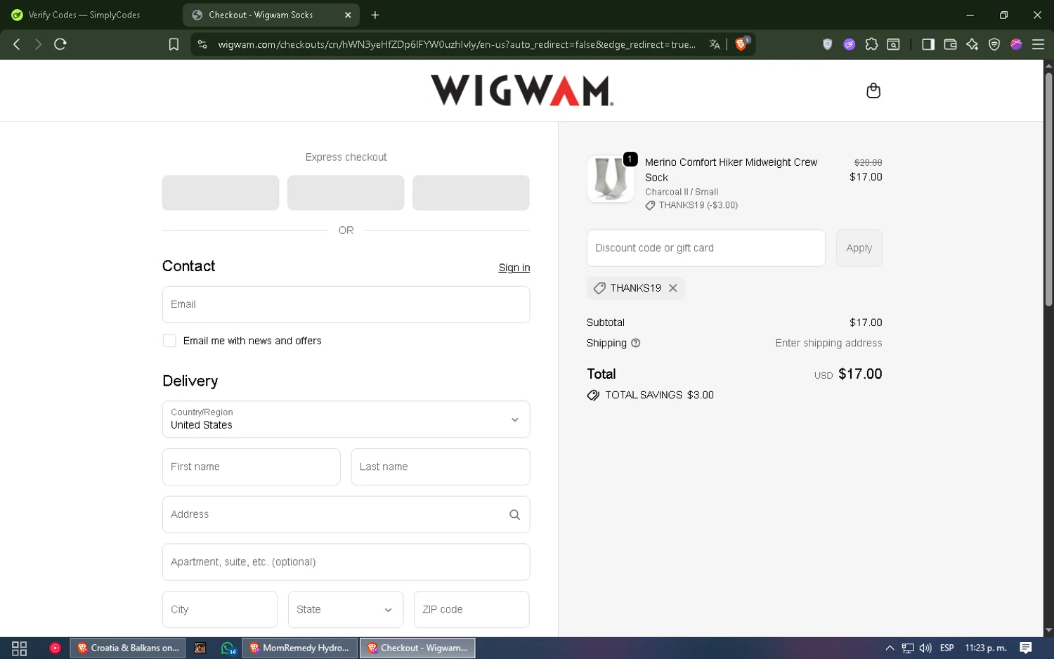 Wigwam discount code screenshot showing code Thanks19 applied at Wigwam checkout page. Uploaded by SimplyCodes community member Allen_Iverson on Oct 11, 2025