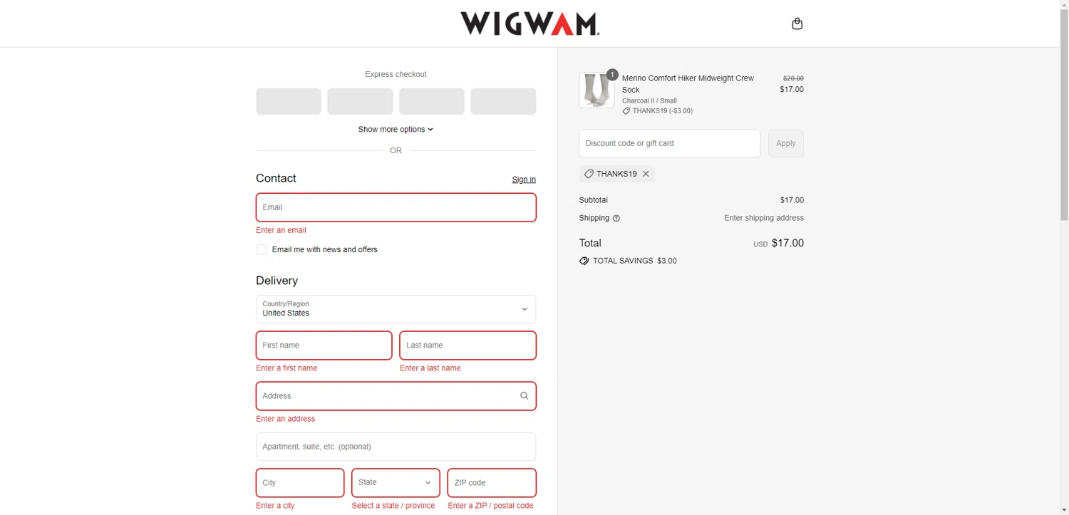 Wigwam discount code screenshot showing code Thanks19 applied at Wigwam checkout page. Uploaded by SimplyCodes community member CashSentinel5495 on Sep 12, 2025