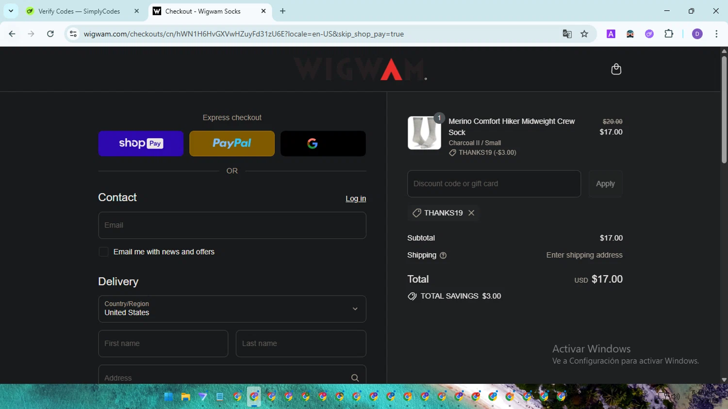 Wigwam discount code screenshot showing code Thanks19 applied at Wigwam checkout page. Uploaded by SimplyCodes community member EpicSpotter8045 on Jul 31, 2025