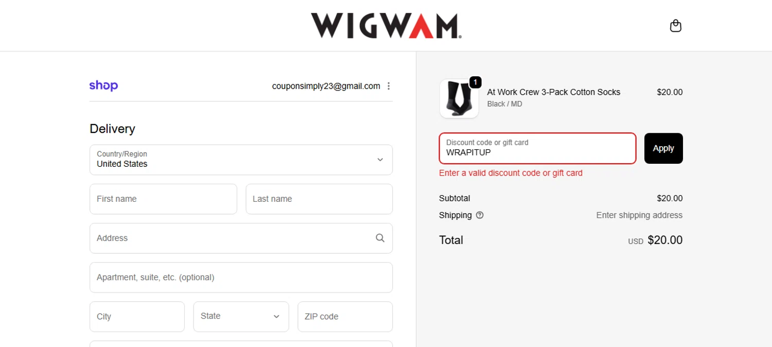 Wigwam discount code screenshot showing code WRAPITUP applied at Wigwam checkout page. Uploaded by SimplyCodes community member Myrulesmagazine23 on Dec 23, 2025