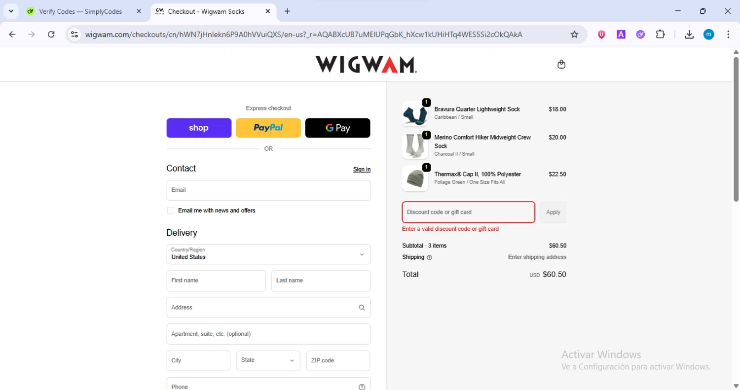 Wigwam discount code screenshot showing code HEADWEAR15 applied at Wigwam checkout page. Uploaded by SimplyCodes community member LuckyWarden9122 on Jan 17, 2026