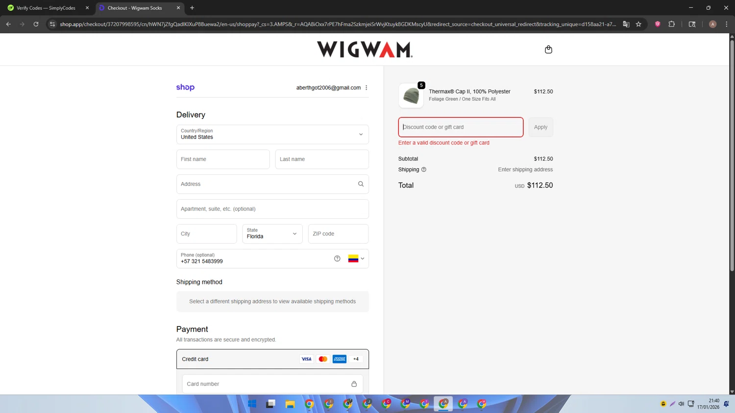 Wigwam discount code screenshot showing code HEADWEAR15 applied at Wigwam checkout page. Uploaded by SimplyCodes community member SwiftSage2309 on Jan 18, 2026