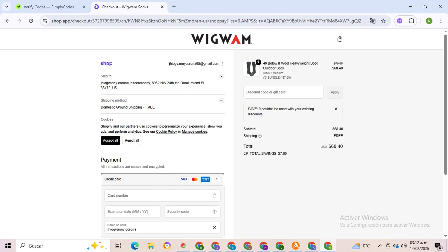 Wigwam checkout page showing Wigwam discount code box | Screenshot taken by SimplyCodes community member on Feb 14, 2026