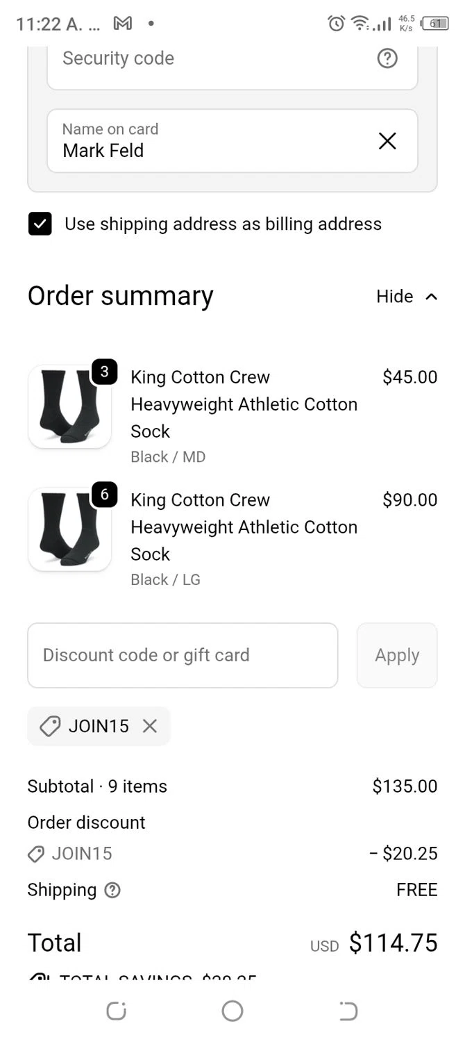 Wigwam discount code screenshot showing code JOIN15 applied at Wigwam checkout page. Uploaded by SimplyCodes community member CoinBoss7109 on Oct 27, 2025