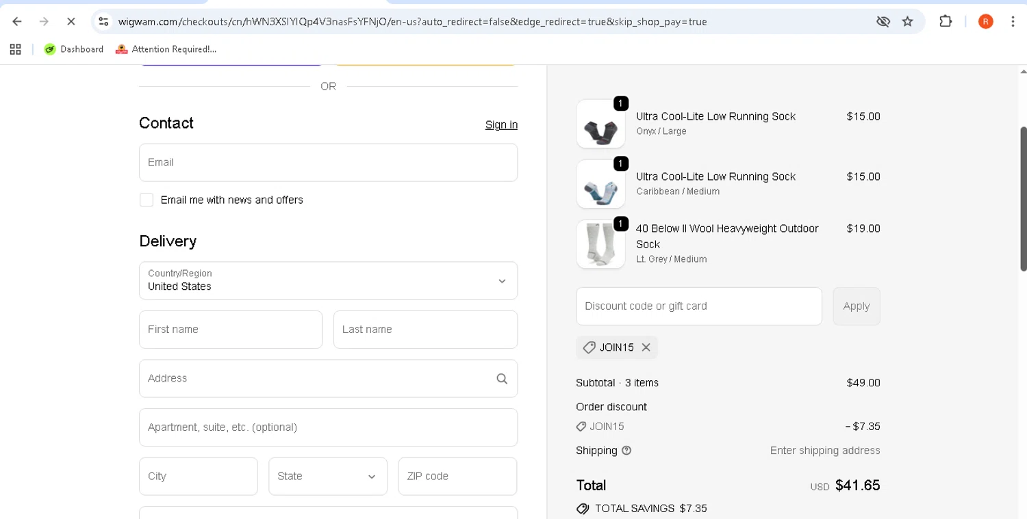 Wigwam discount code screenshot showing code JOIN15 applied at Wigwam checkout page. Uploaded by SimplyCodes community member rodolfocaraballo on Sep 29, 2025