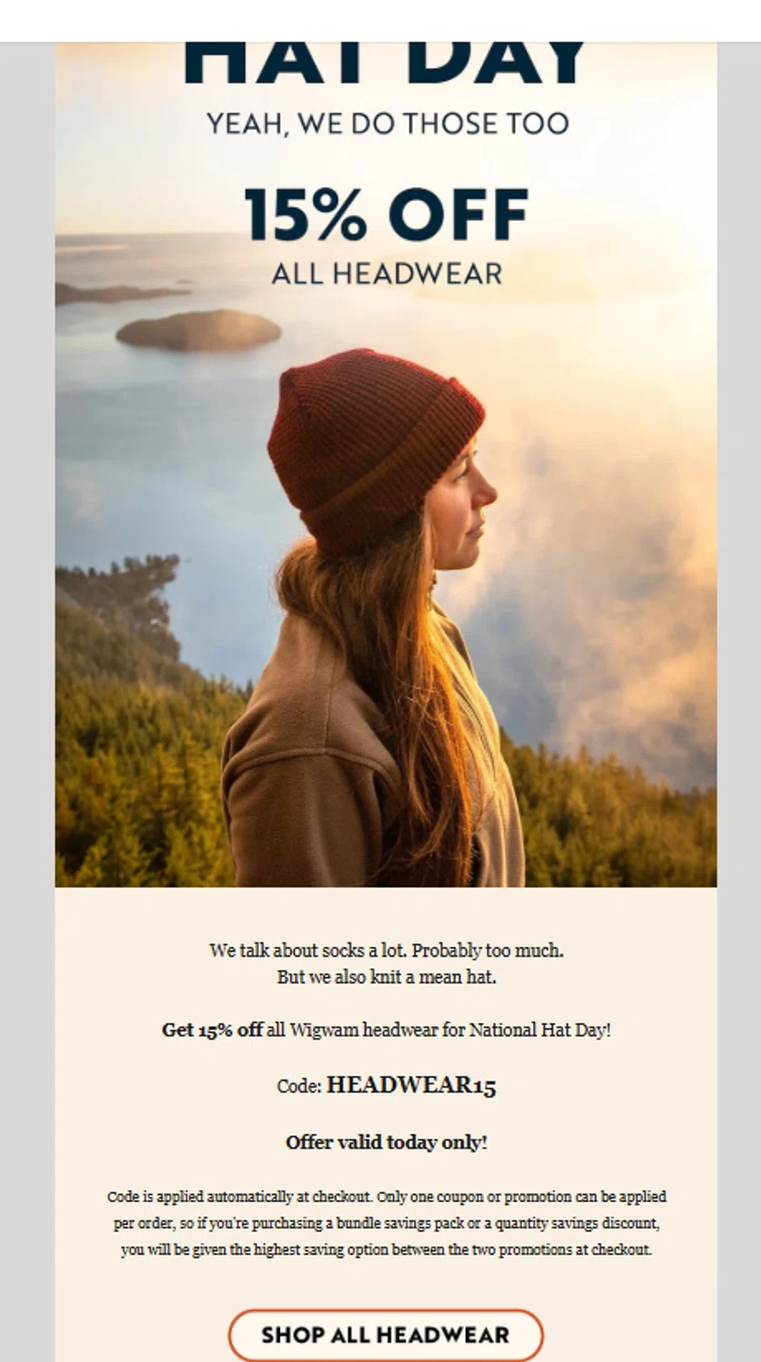 Wigwam discount code screenshot showing code HEADWEAR15 applied at Wigwam checkout page. Uploaded by SimplyCodes community member valeriaantonieta on Jan 15, 2026
