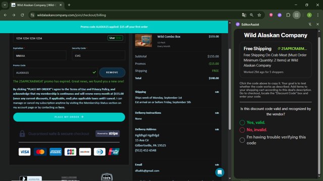Wild Alaskan Company checkout page showing Wild Alaskan Company promo code box | Screenshot taken by SimplyCodes community member on Aug 28, 2025