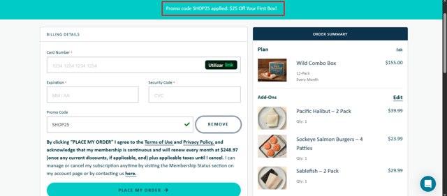 Wild Alaskan Company checkout page showing Wild Alaskan Company promo code box | Screenshot taken by SimplyCodes community member on Aug 24, 2025
