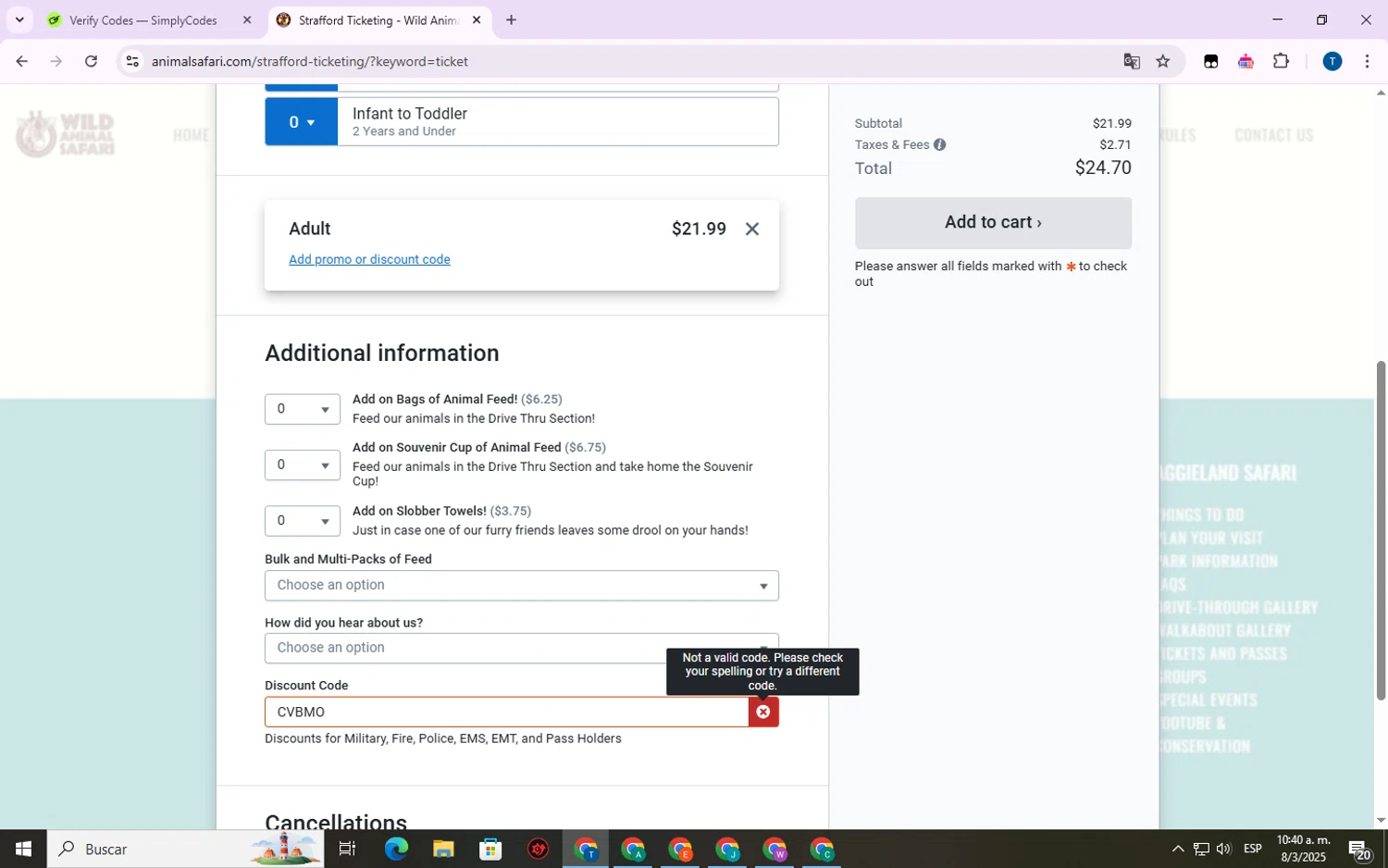 Wild Animal Safari promo code screenshot showing code CVBMO applied at Wild Animal Safari checkout page. Uploaded by SimplyCodes community member WonderVirtuoso7677 on Mar 8, 2025