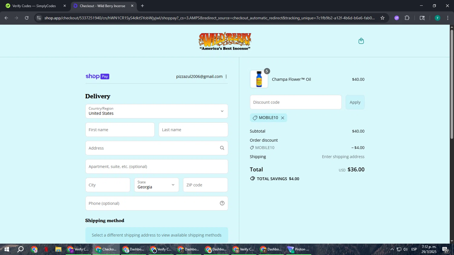 Wild Berry Incense promo code screenshot showing code MOBILE10 applied at Wild Berry Incense checkout page. Uploaded by SimplyCodes community member FrugalCaptain6906 on Jul 29, 2025