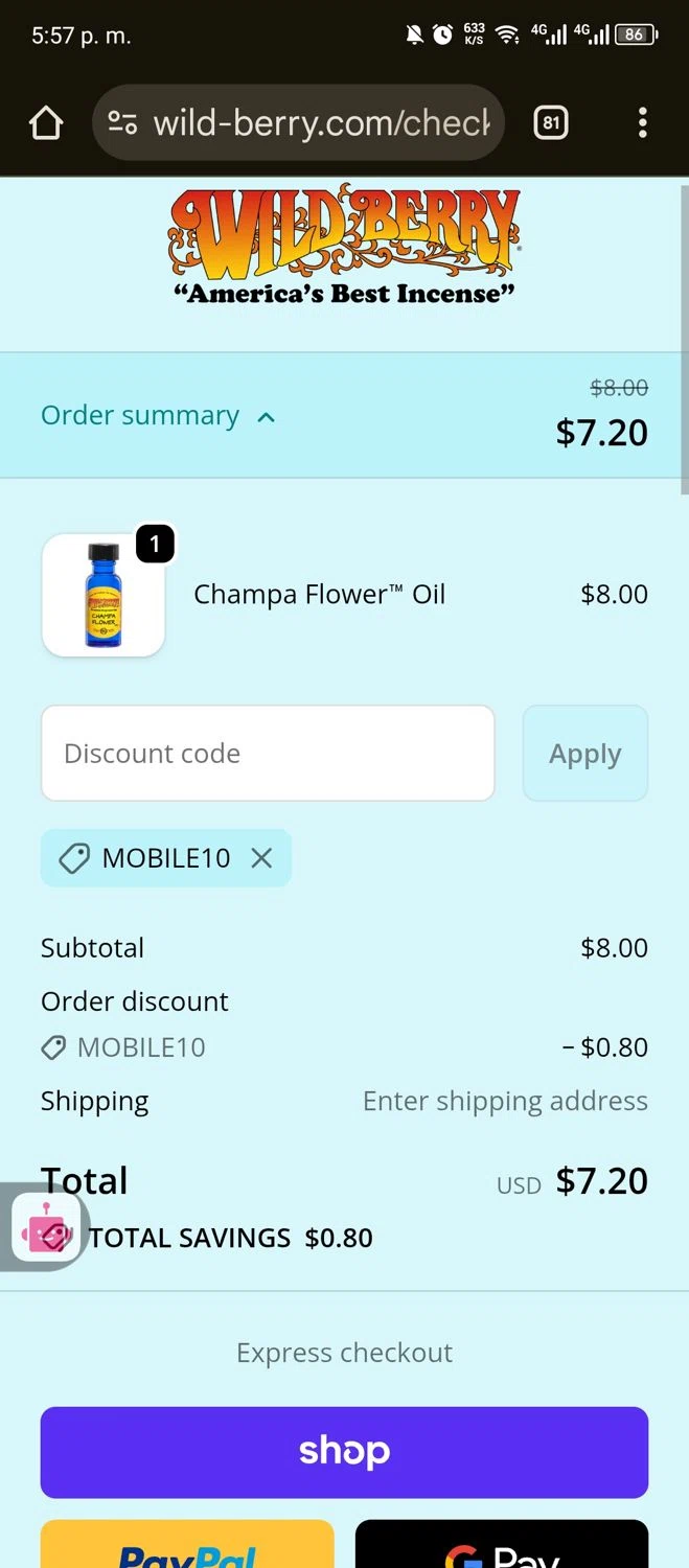 Wild Berry Incense promo code screenshot showing code MOBILE10 applied at Wild Berry Incense checkout page. Uploaded by SimplyCodes community member Kaizen on Nov 16, 2025
