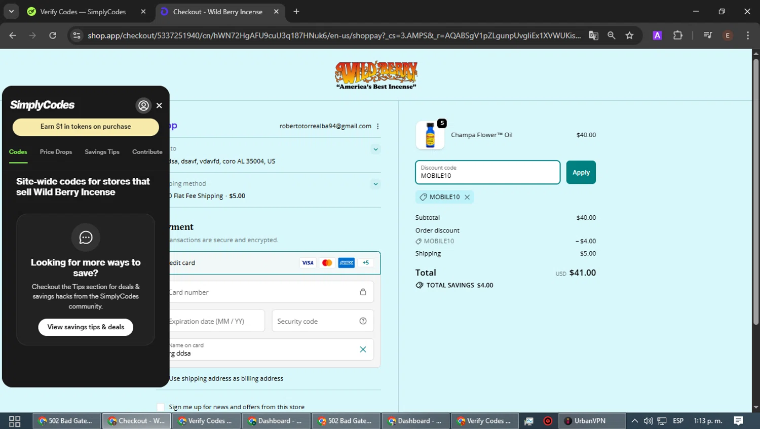 Wild Berry Incense promo code screenshot showing code MOBILE10 applied at Wild Berry Incense checkout page. Uploaded by SimplyCodes community member WonderPilot3689 on Dec 30, 2025