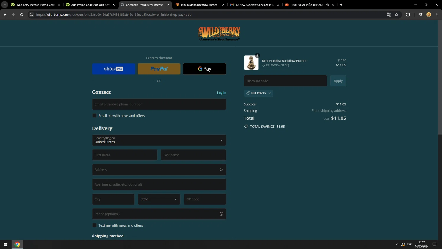 Wild Berry Incense promo code screenshot showing code bflow15 applied at Wild Berry Incense checkout page. Uploaded by SimplyCodes community member MarcosAranguren on May 16, 2024