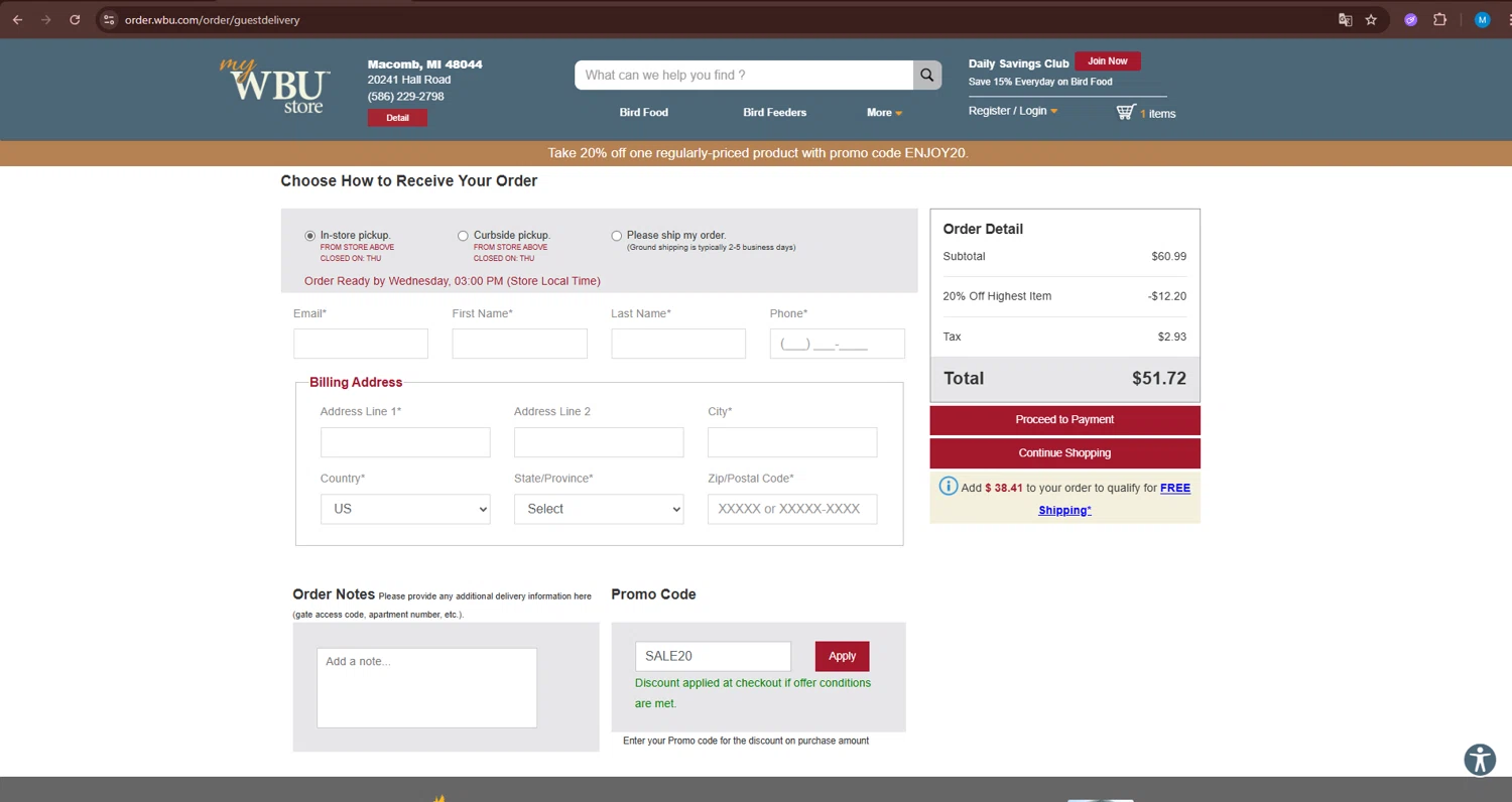 Wild Birds Unlimited checkout page showing Wild Birds Unlimited promo code box | Screenshot taken by SimplyCodes community member on Dec 30, 2025