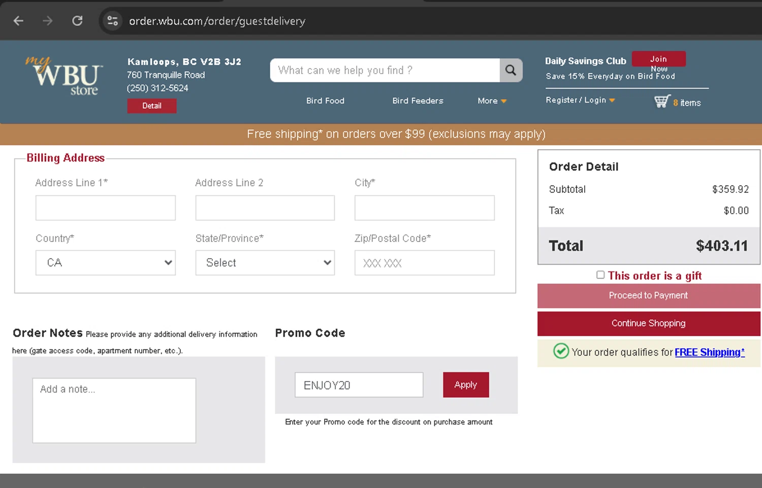 Wild Birds Unlimited checkout page showing Wild Birds Unlimited promo code box | Screenshot taken by SimplyCodes community member on Dec 29, 2025