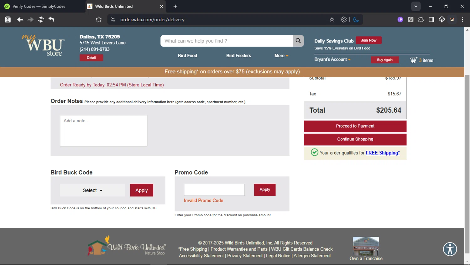 Wild Birds Unlimited promo code screenshot showing code ENJOY20 applied at Wild Birds Unlimited checkout page. Uploaded by SimplyCodes community member domain on Dec 29, 2025