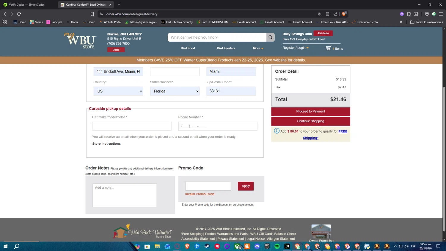 Wild Birds Unlimited promo code screenshot showing code CARDINAL applied at Wild Birds Unlimited checkout page. Uploaded by SimplyCodes community member Nulo0000 on Jan 26, 2026
