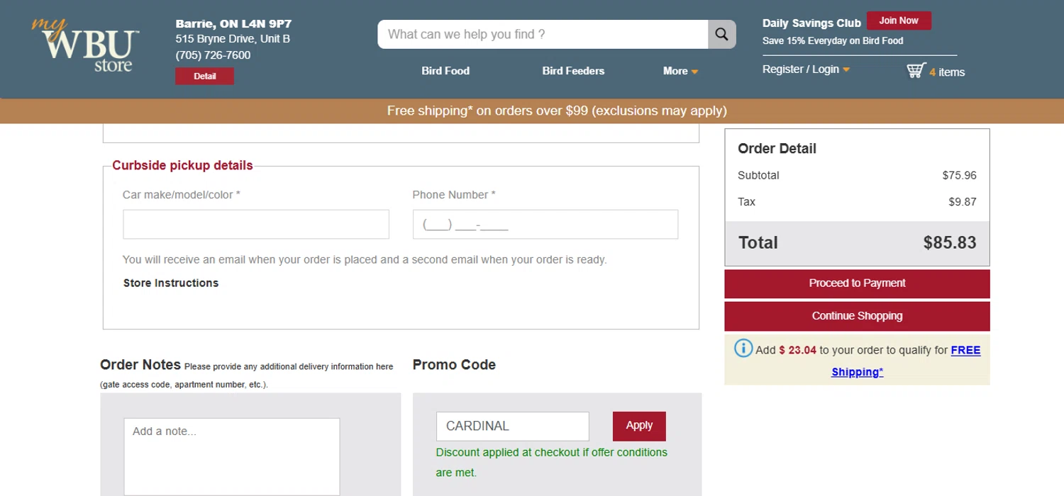 Wild Birds Unlimited promo code screenshot showing code CARDINAL applied at Wild Birds Unlimited checkout page. Uploaded by SimplyCodes community member yeresojperez on Dec 28, 2025
