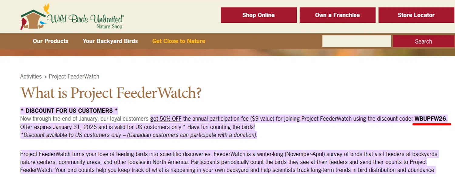 Wild Birds Unlimited promo code screenshot showing code WBUPFW26 applied at Wild Birds Unlimited checkout page. Uploaded by SimplyCodes community member Taeyang on Jan 20, 2026