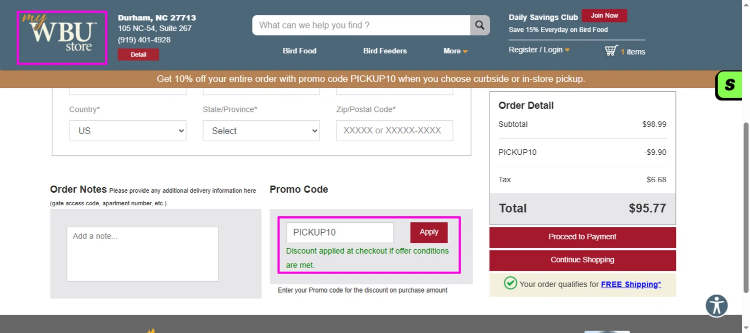 Wild Birds Unlimited promo code screenshot showing code PICKUP10 applied at Wild Birds Unlimited checkout page. Uploaded by SimplyCodes community member mrdarcy on Jan 19, 2026