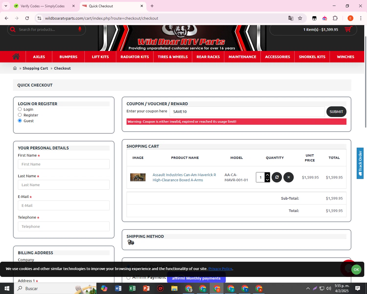 Wild Boar ATV Parts coupon code screenshot showing code SAVE10 applied at Wild Boar ATV Parts checkout page. Uploaded by SimplyCodes community member BrilliantSage8401 on Feb 4, 2025