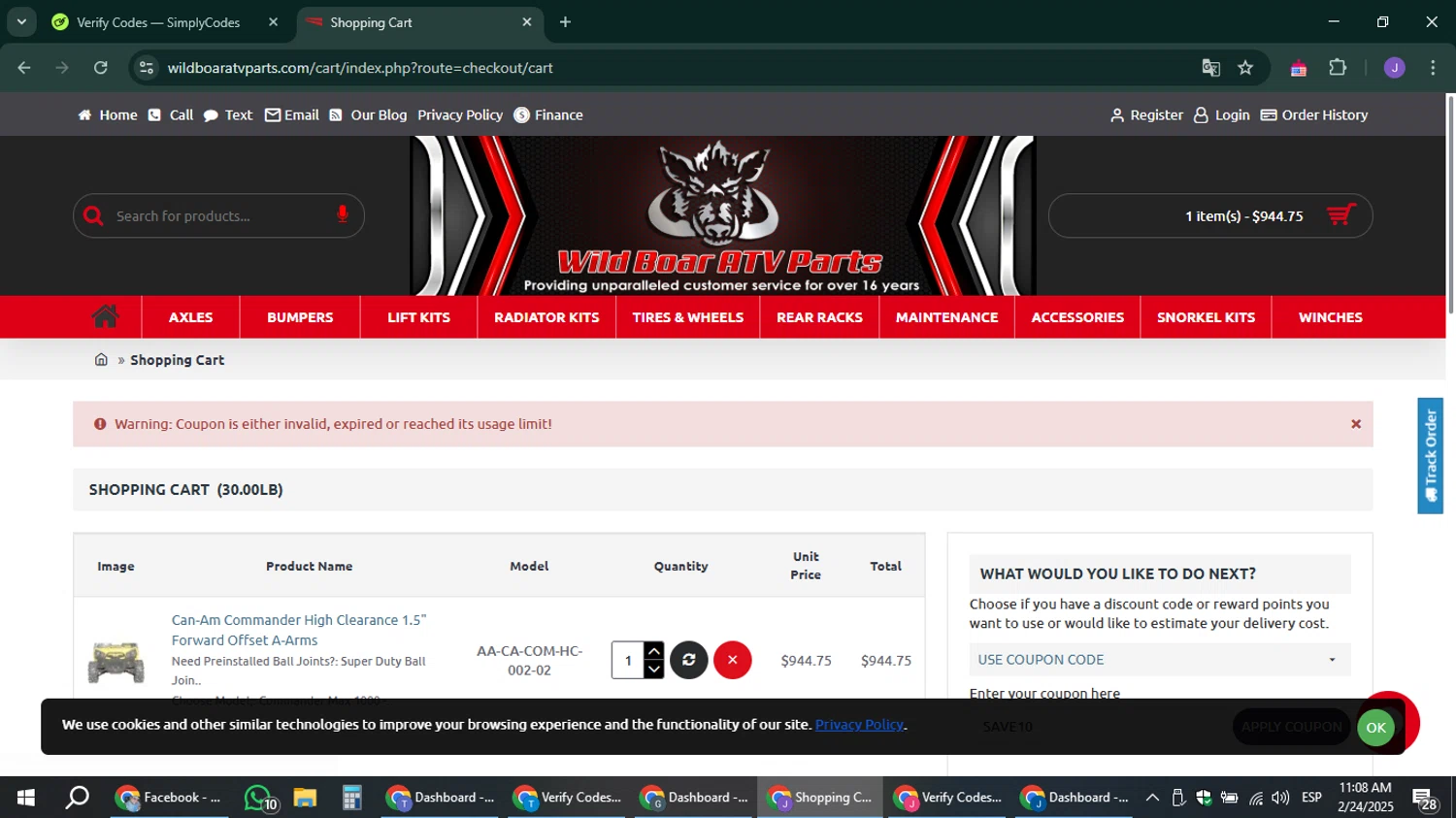Wild Boar ATV Parts coupon code screenshot showing code SAVE10 applied at Wild Boar ATV Parts checkout page. Uploaded by SimplyCodes community member sniderjack453 on Feb 24, 2025