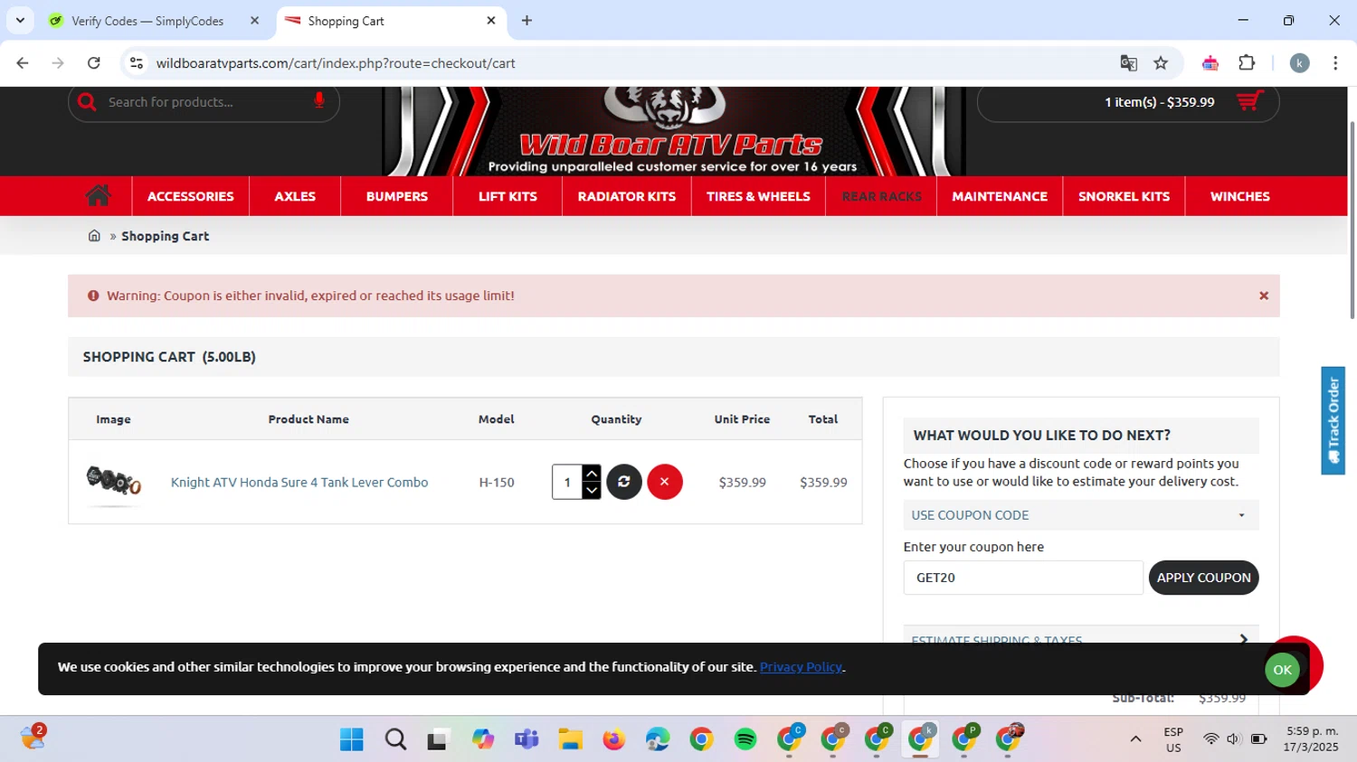 Wild Boar ATV Parts coupon code screenshot showing code GET20 applied at Wild Boar ATV Parts checkout page. Uploaded by SimplyCodes community member ValiantCaptain6560 on Mar 17, 2025