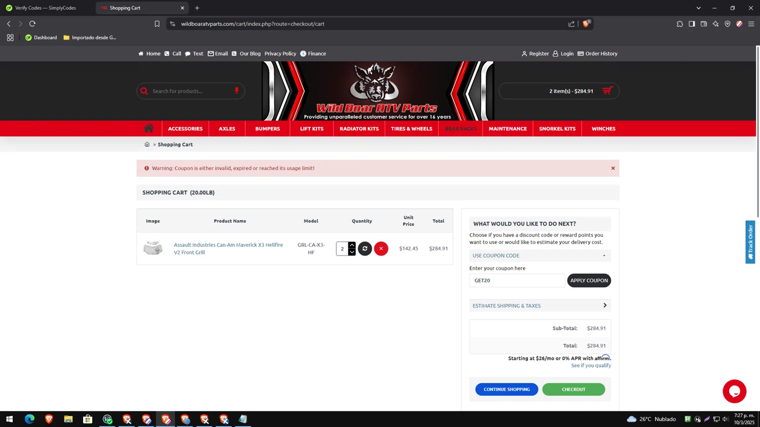 Wild Boar ATV Parts coupon code screenshot showing code GET20 applied at Wild Boar ATV Parts checkout page. Uploaded by SimplyCodes community member CleverTracker4432 on Mar 10, 2025