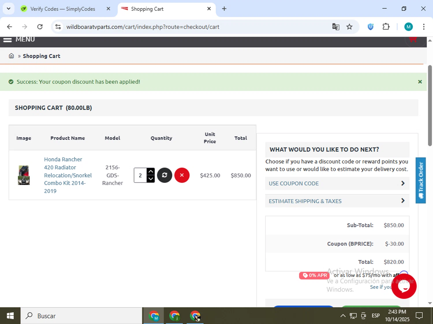 Wild Boar ATV Parts coupon code screenshot showing code BPRICE applied at Wild Boar ATV Parts checkout page. Uploaded by SimplyCodes community member estrellaveloz on Oct 14, 2025