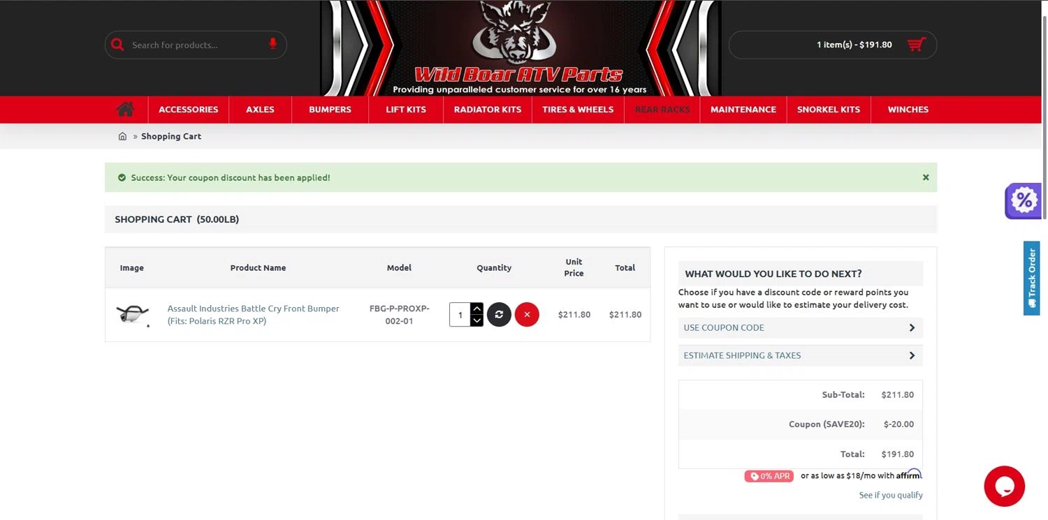 Wild Boar ATV Parts coupon code screenshot showing code SAVE20 applied at Wild Boar ATV Parts checkout page. Uploaded by SimplyCodes community member Depressive on Dec 28, 2025