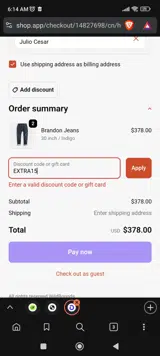 EXTRA15 coupon verification screenshot