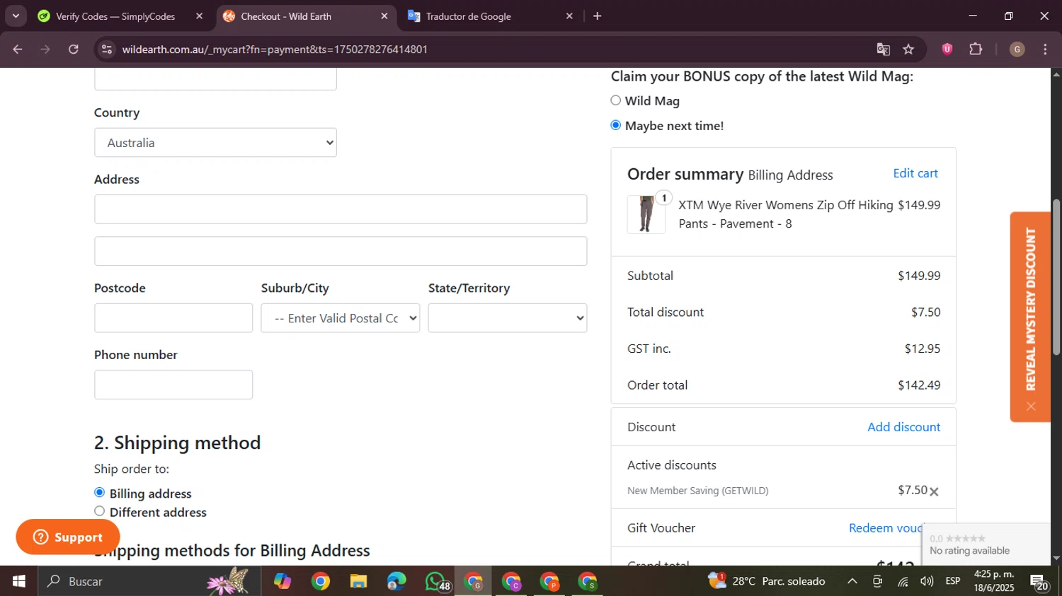 Wildearth AU checkout page showing Wildearth AU promo code box | Screenshot taken by SimplyCodes community member on Jun 18, 2025