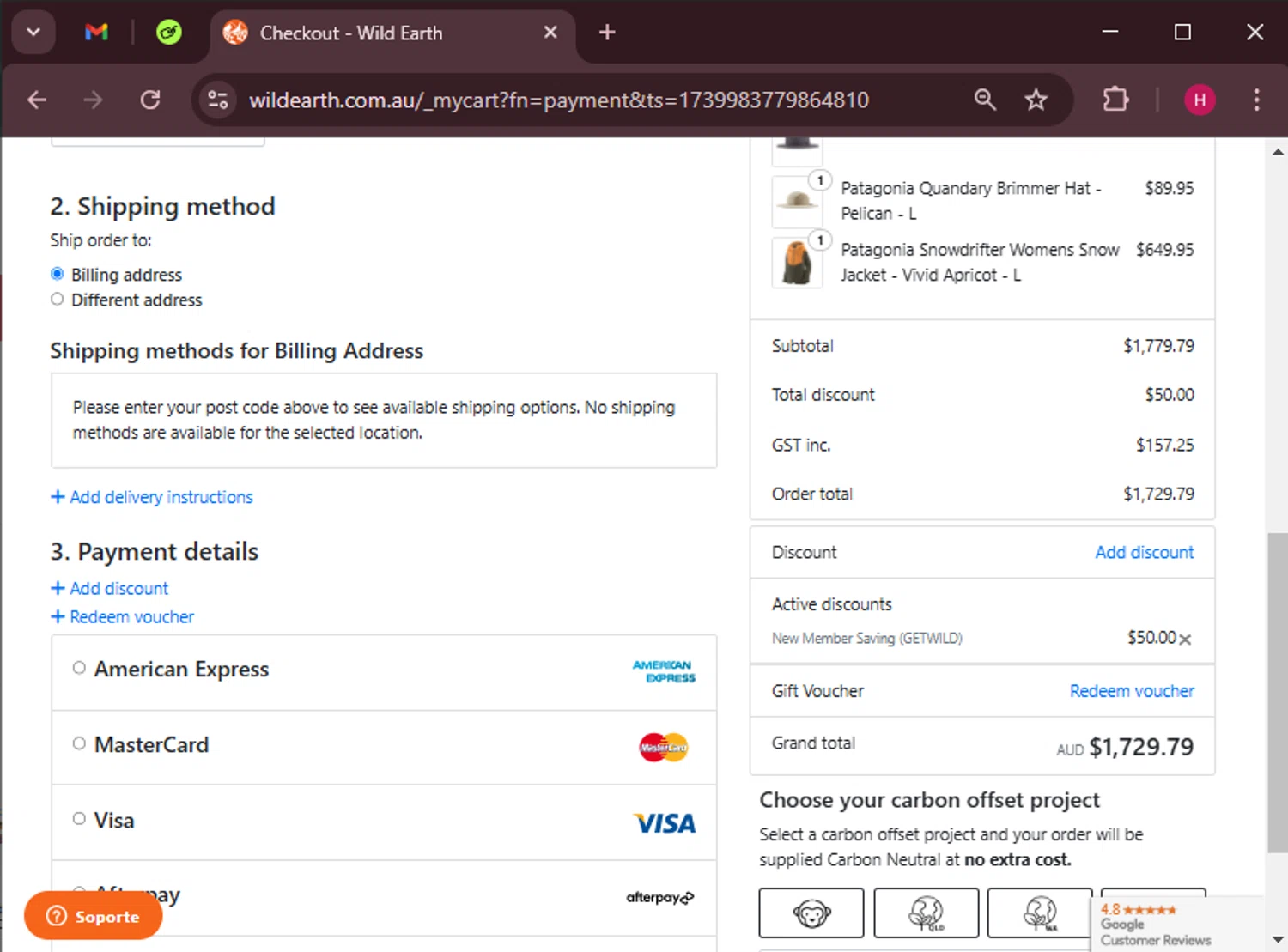 Wildearth AU checkout page showing Wildearth AU promo code box | Screenshot taken by SimplyCodes community member on Feb 19, 2025