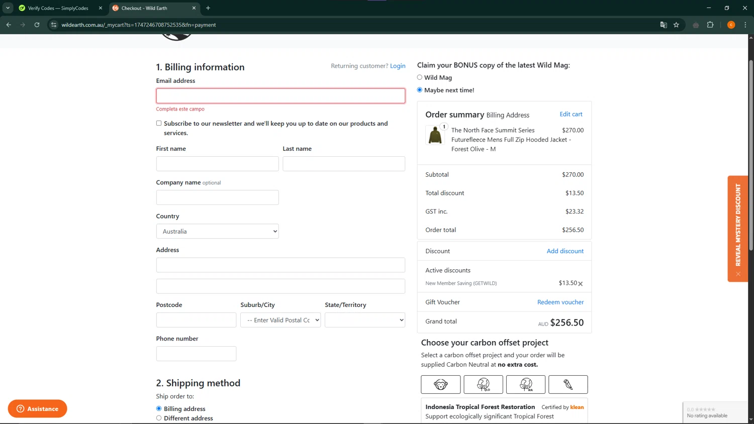 Wildearth AU checkout page showing Wildearth AU promo code box | Screenshot taken by SimplyCodes community member on May 14, 2025