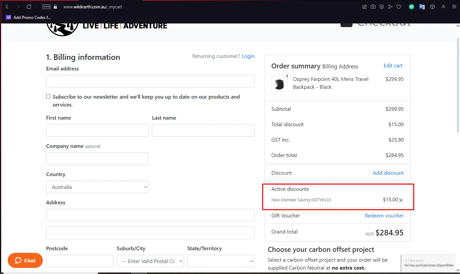 Wildearth AU checkout page showing Wildearth AU promo code box | Screenshot taken by SimplyCodes community member on Jul 8, 2024