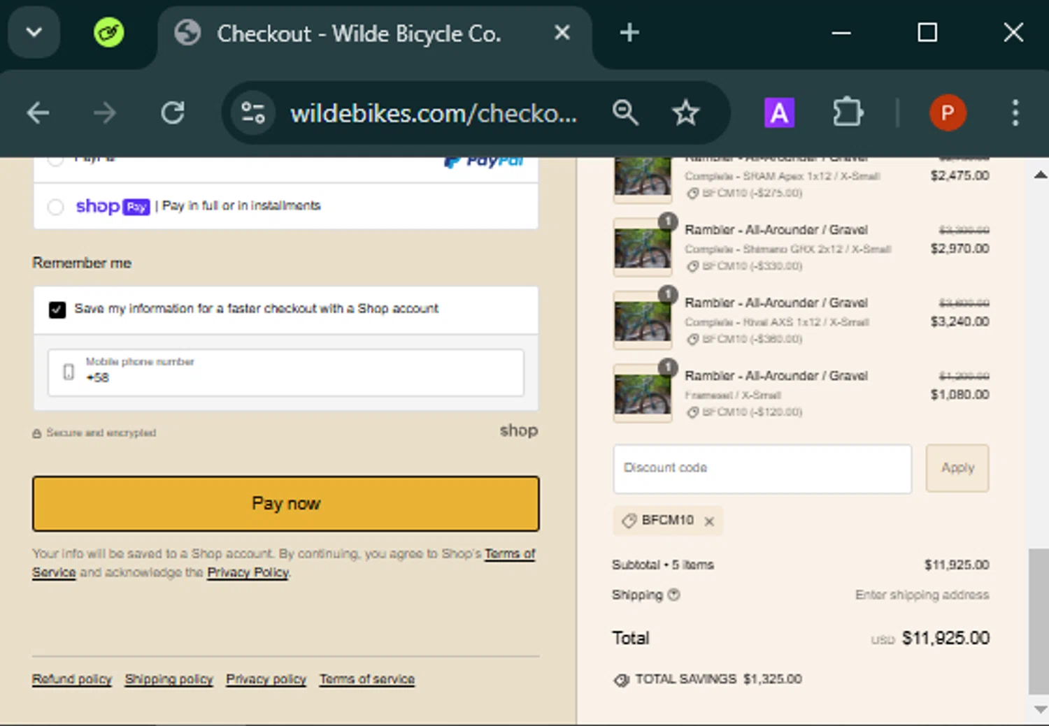 Wilde Bicycle checkout page showing Wilde Bicycle promo code box | Screenshot taken by SimplyCodes community member on Nov 27, 2024