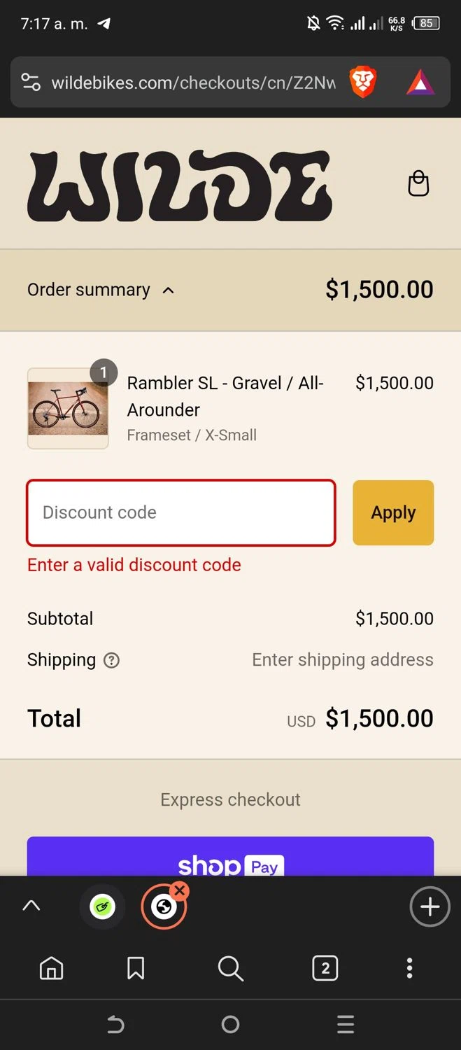 Wilde Bicycle promo code screenshot showing code GIVEAWAY10 applied at Wilde Bicycle checkout page. Uploaded by SimplyCodes community member Leannysv7lla on Feb 8, 2025
