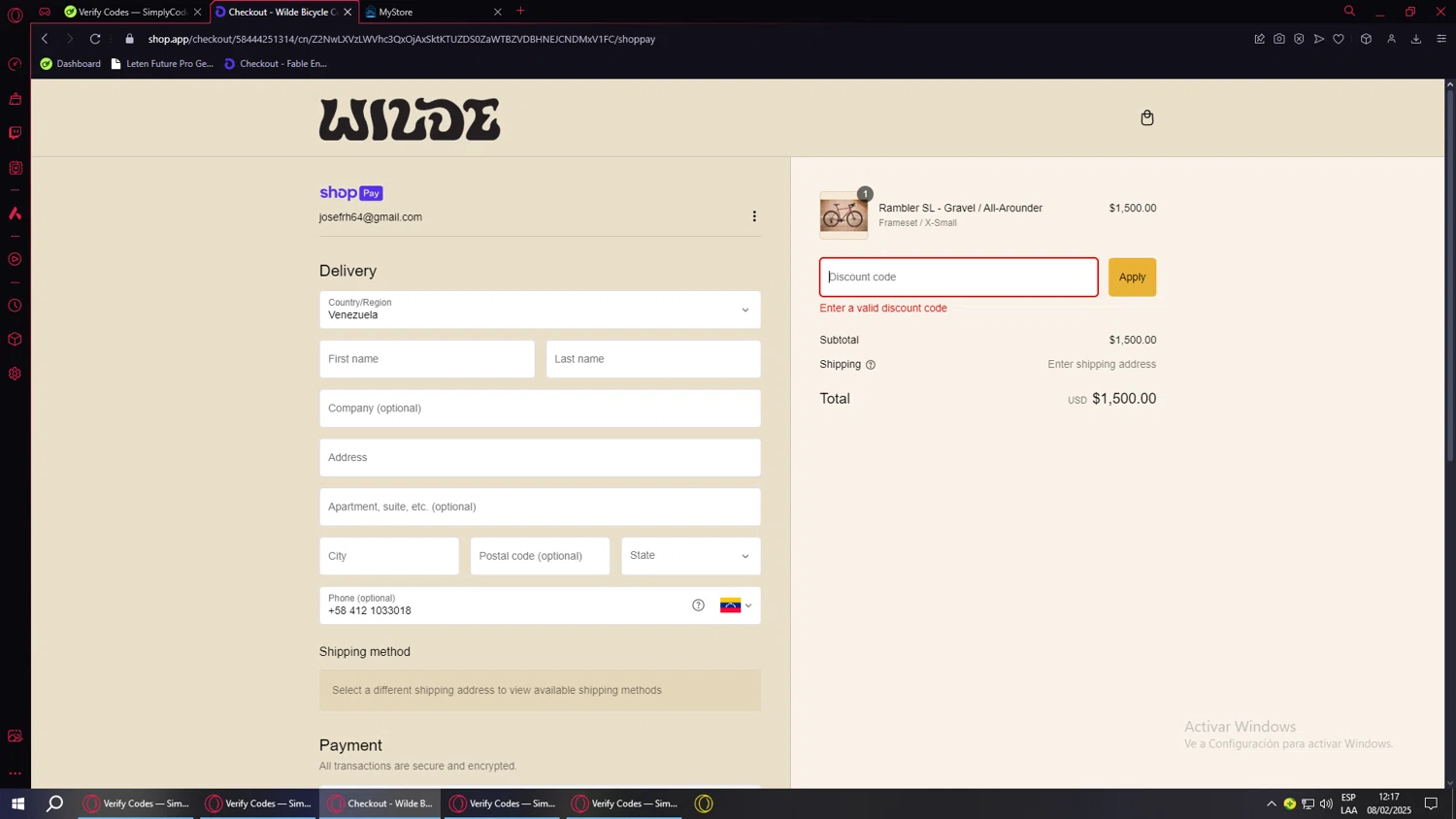 Wilde Bicycle promo code screenshot showing code GIVEAWAY10 applied at Wilde Bicycle checkout page. Uploaded by SimplyCodes community member SwiftVoyager5067 on Feb 8, 2025