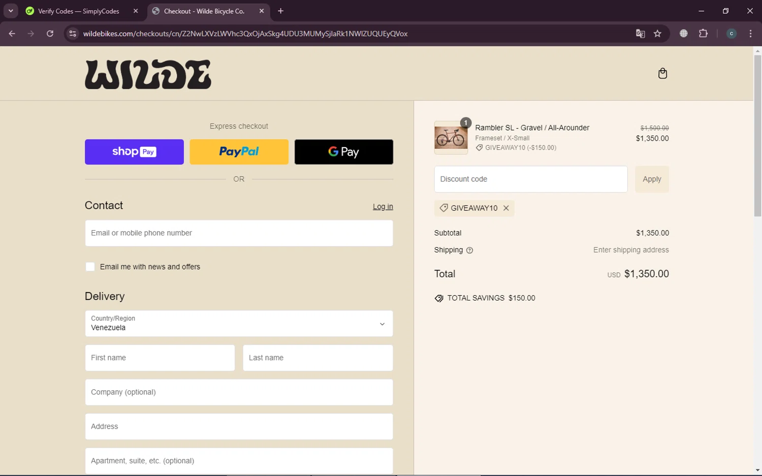 Wilde Bicycle checkout page showing Wilde Bicycle promo code box | Screenshot taken by SimplyCodes community member on Jan 10, 2025